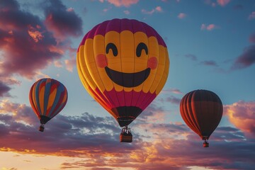 Obraz premium Hot Air Balloons Float in Colorful Sunset Sky with Smiley Face Balloon