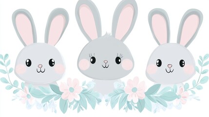 Fototapeta premium Three Cute Pastel Rabbits with Floral Decor