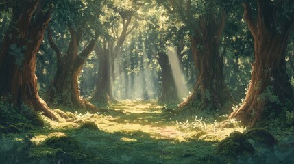 Obraz premium Enchanted Forest Pathway with Sunlight Filtering Through Lush Green Trees and Vibrant Foliage in Ethereal Atmosphere