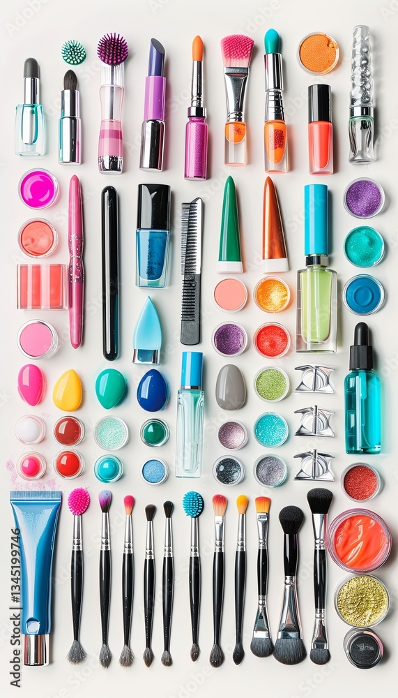Poster Colorful array of nail polishes and manicure tools neatly arranged on a light background showcasing creative options for nail art Generative AI
