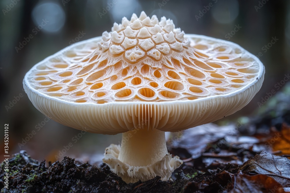 Poster Unique mushroom displaying intricate patterns in a lush forest environment during the early morning light
