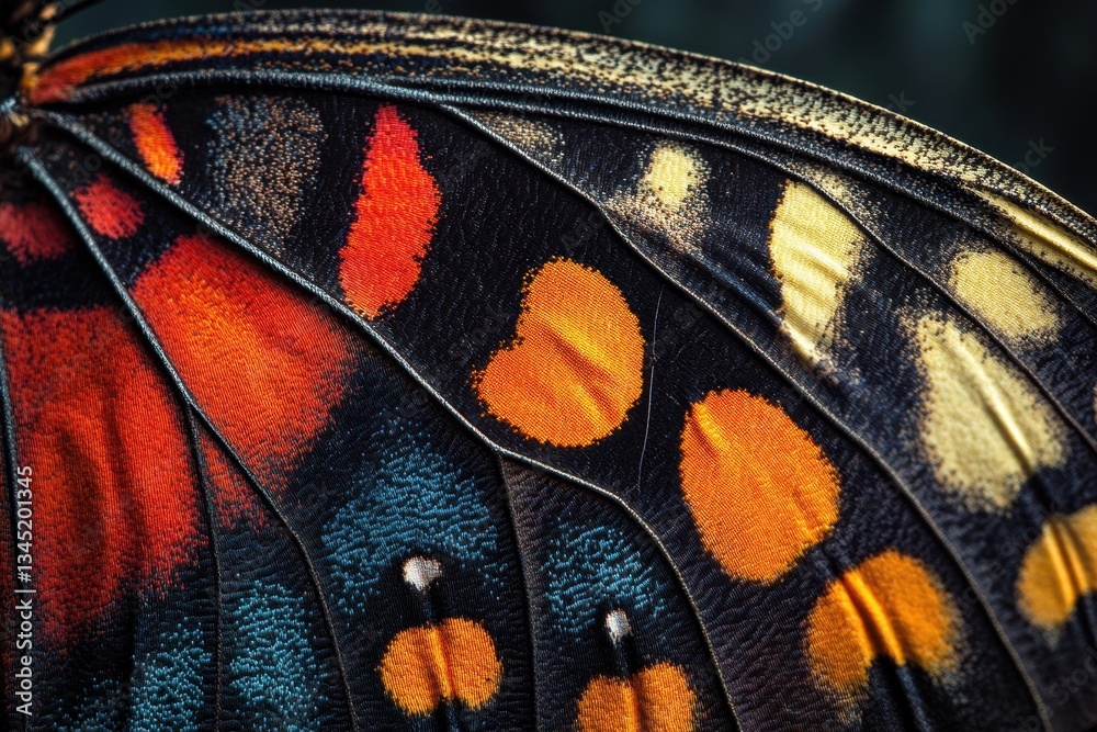 Poster close-up of a vibrant butterfly wing showcasing intricate patterns and vivid colors in nature's stun