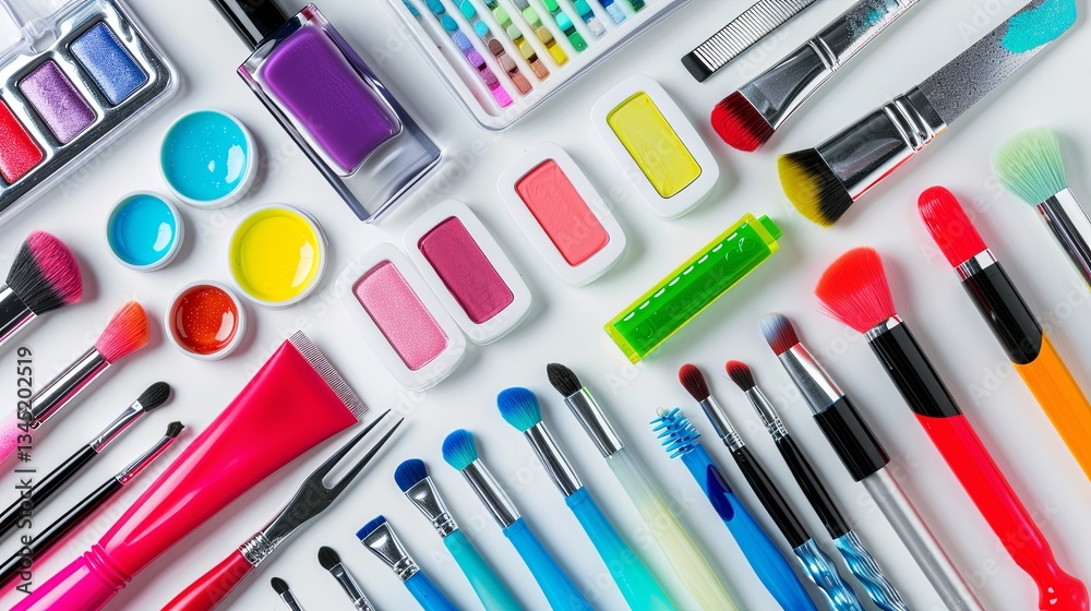 Poster colorful nail polishes and manicure tools arranged neatly on a light background showcasing vibrant d