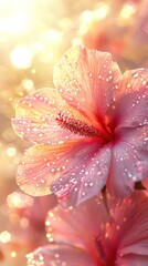 Fototapeta premium Pink hibiscus blossom detailed, adorned with sparkling dewdrops, lit with golden light