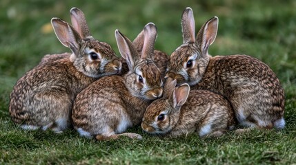 Obraz premium Adorable Baby Rabbits Cuddle Together in Grass