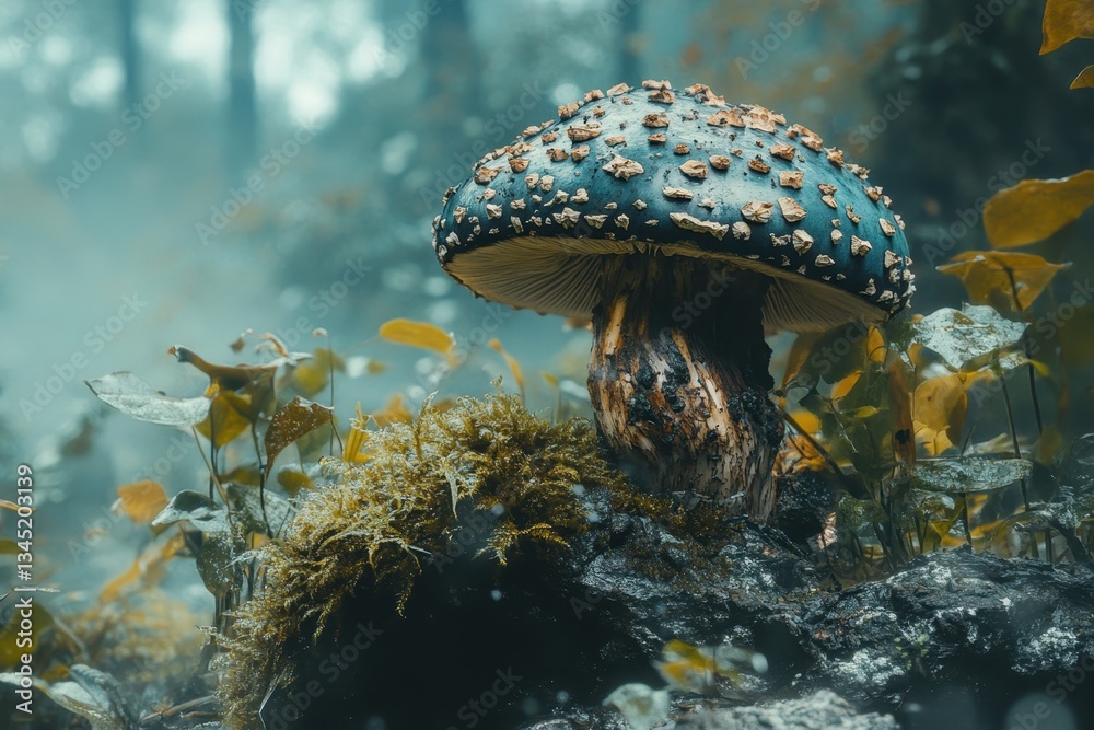 Poster Unique mushroom displaying intricate patterns in a lush forest environment during the early morning light