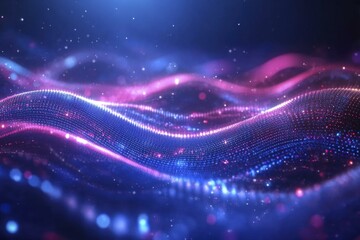 Abstract Wavy Network Landscape with Blue and Pink Glowing Particles - Futuristic Design Background