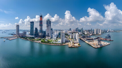Panoramic View Of Modern Cityscape With Harbor And Skyscrapers