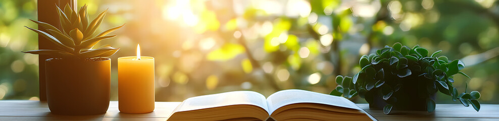 Reading Serenity: An open book lies on a wooden surface, accompanied by a lit candle and potted plants, creating a cozy atmosphere. The soft natural light from the window casts a warm glow.