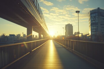 Fototapeta premium Sunrise over elevated pedestrian walkway bridge to modern city with glowing reflections on the pathway