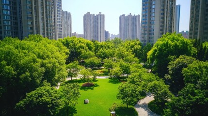 Fototapeta premium Urban Oasis: Lush Greenery Amidst Modern High-Rises