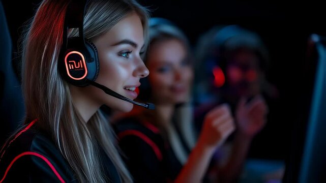 Competitive gaming event showcases female players in action at a vibrant esports arena