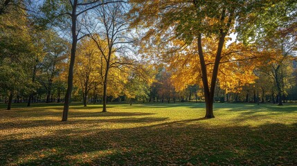 Fototapeta premium Beautiful autumnal landscape featuring trees and a grassy field