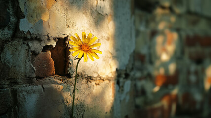 廃墟の隙間に咲くタンポポ — 時の流れに抗う生命の輝き