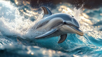 Naklejka premium Dolphin's Leap: A sleek dolphin breaches the surface of the ocean, its body glistening as it slices through the waves, creating a dynamic and captivating spectacle. 
