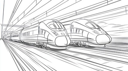 Black and white sketch of high-speed trains in a tunnel. Possible use Stock photo
