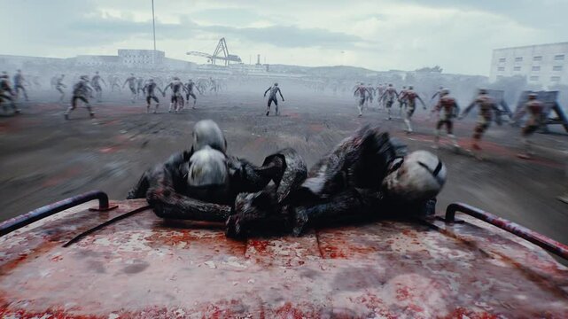 zombie car drives and hits zombies. Apocalyptic concept.