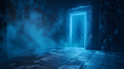 Mystical Portal: A luminescent portal emits a vibrant glow within an aged, stone-walled chamber, evoking an air of mystery and anticipation.