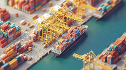 Cargo ship unloading at busy port industrial zone aerial view of shipping operations