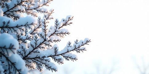 Snow-covered alder branches against a bright white background, solitude, snow, evergreen