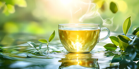 A cup of tea in garden: Experience the allure of nature as a glass cup of aromatic, hot tea nestles among lush greenery, reflecting the vibrant sunlight in a tranquil setting.