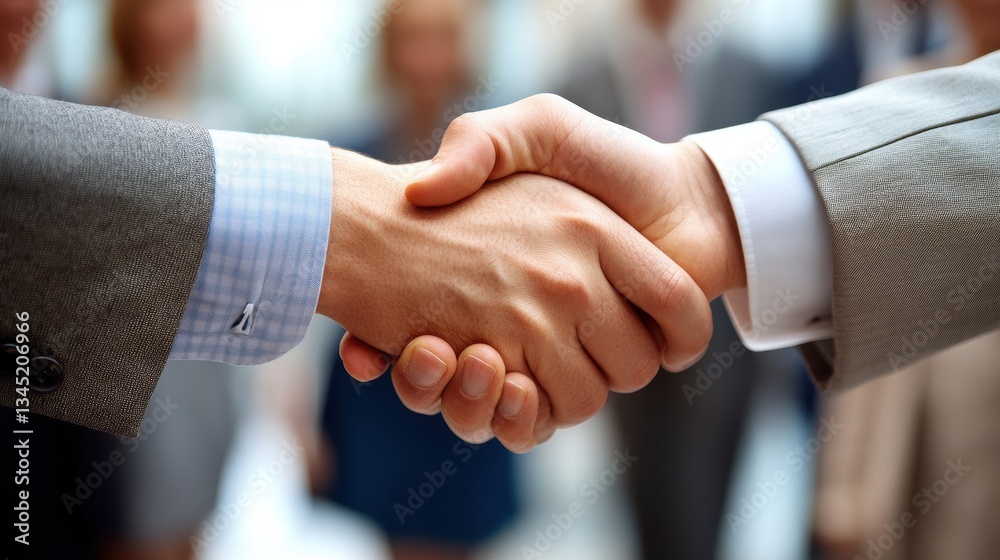 Aufkleber Business professionals engaging in a firm handshake during a networking event in a modern office environment