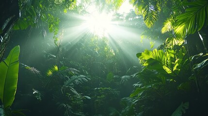 Obraz premium A trek through a dense jungle with towering trees, vines, and exotic wildlife