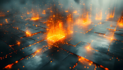Naklejka premium Futuristic Digital Cityscape Glowing Grid, Abstract Technology Design