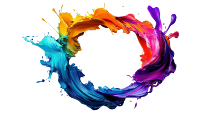 Colorful paint splashing and forming a circle on transparent background