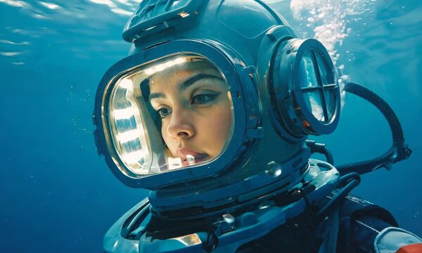 A woman wearing a modern deep-sea diving helmet with built-in lights is underwater, surrounded by small fish.