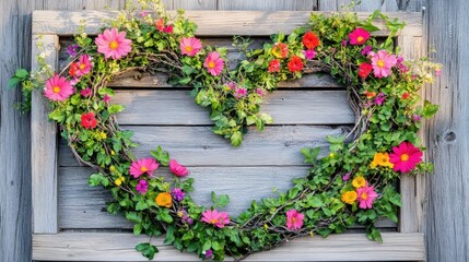 Heart-Shaped Floral Wreath on Rustic Wooden Fence