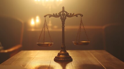 Justice scales on wooden table, candlelit room, legal concept