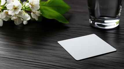 Blank square card on dark wooden surface with flowers and water glass
