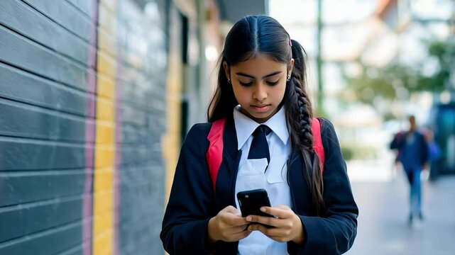 High school teen girl student walking street using smartphone