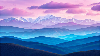 Obraz premium Scenic mountain range landscape with pink clouds and blue hills