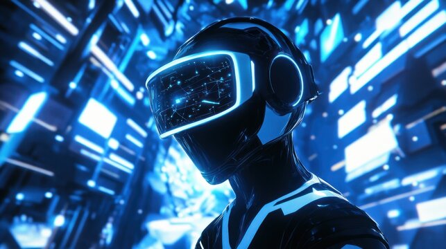 Futuristic person wearing virtual reality glasses and advanced technology