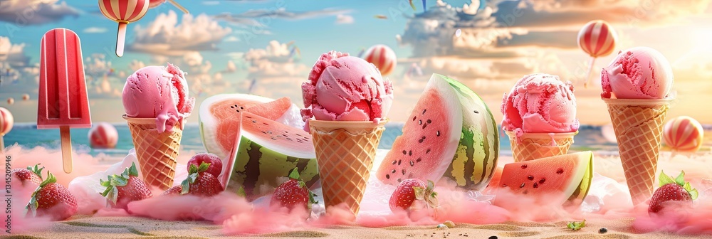Aufkleber watermelon flavored ice cream and popsicles on a sunny beach creating a refreshing summer experience