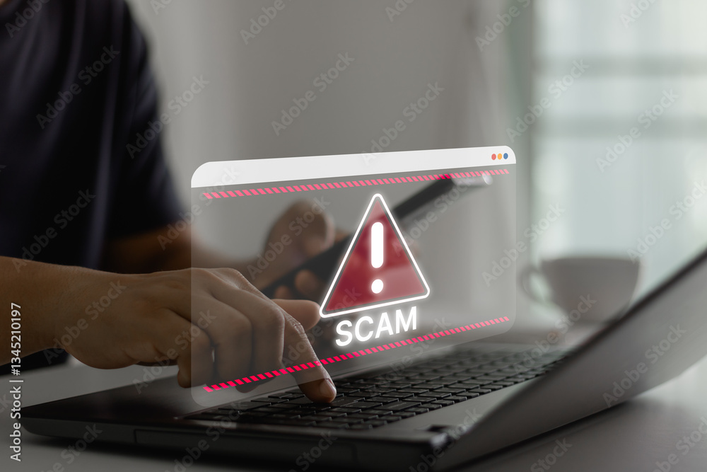 Fototapete cyber security, software warning fraud, scam alert. hacker detection attack on computer network, vir
