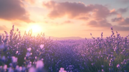 Fototapeta premium Lavender field sunset, rolling hills, peaceful scene, nature postcard