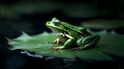 Fototapeta premium Green Frog On Lily Pad In Dark Pond