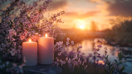 Serene Candlelight: Two lit candles casting a warm glow, set against a backdrop of a picturesque sunset, delicate blossoms, and a tranquil river, evoking feelings of peace and reflection.