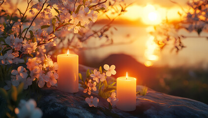 Serene Evening: Two illuminated candles and delicate blossoms are embraced by a sunset glow over the tranquil waters, symbolizing peace and reflection.
