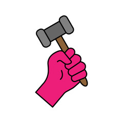 Hammer a nail black line icon. Holding in hand hammer. Construction and repair. Human repairman with working tools. Vector illustration flat design. Isolated on background.