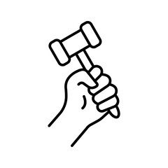Hammer a nail black line icon. Holding in hand hammer. Construction and repair. Human repairman with working tools. Vector illustration flat design. Isolated on background.