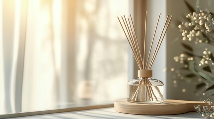 Fototapeta premium Reed diffuser with natural essential oils sits on a wooden coaster by a sunlit window.