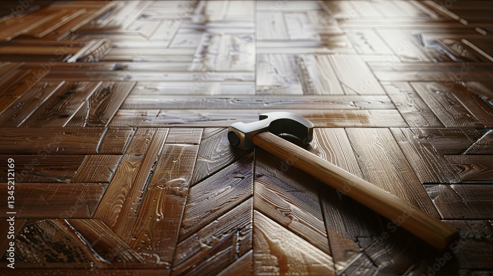 Poster crafting elegant hardwood flooring with parquet planks and installation tools in a residential space