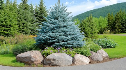 Obraz premium Lush evergreen garden with blue spruce and scenic mountain view