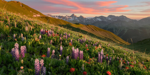 Alpine meadow wildflowers at sunrise Mountain landscape vibrant blooms