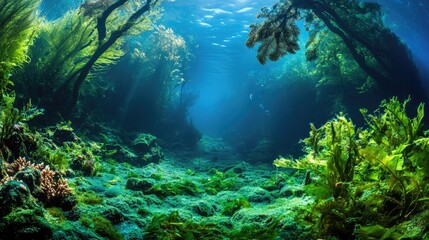 Fototapeta premium Vibrant Underwater Scene with Lush Seaweed, Colorful Coral, and Gentle Sunlight Filtering Through the Ocean Surface