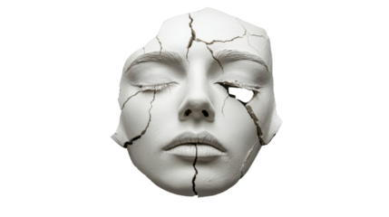 Broken plaster mask representing emotional suffering with transparent background